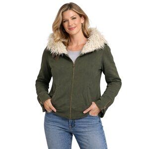 Aéropostale Women's Faux Fur Collar Full Zip Jacket XL Army Green Olive Green